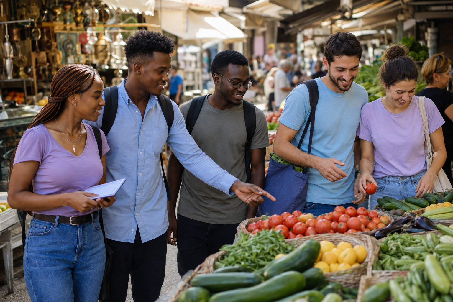 Students visiting an open marketplace